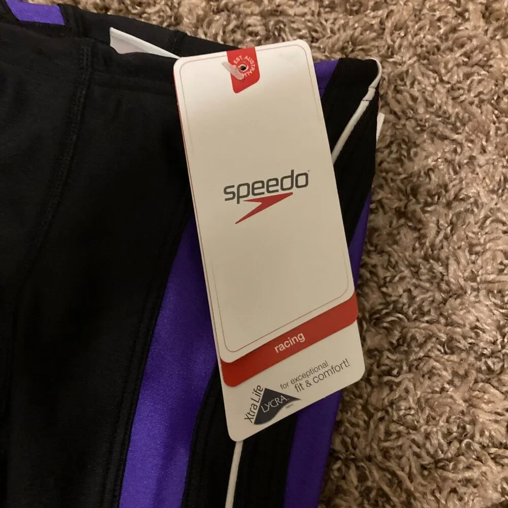 Speedo Racing Long Swim Shorts Size 22 US 3 Black Purple Trim NWOT Drawstring